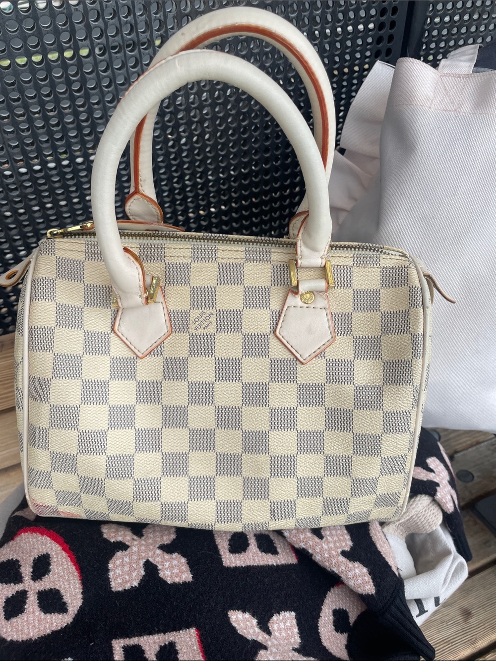 Cream and Beige Checkered Top-Handle Satchel
